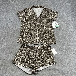 Nordstrom Pajama Set Womens S Beige Leopard Tencel Modal Button Shorts Casual